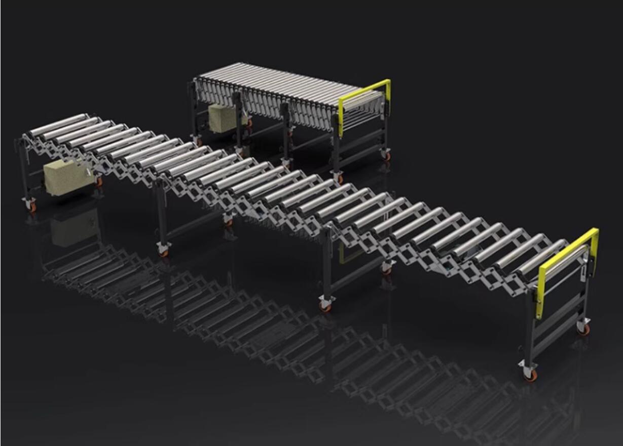 flexible expandable gravity roller conveyor – comparison of retracted and extended states гибкий расширяемый гравитационный роликовый конвейер – сравнение втянутого и выдвинутого состояний
